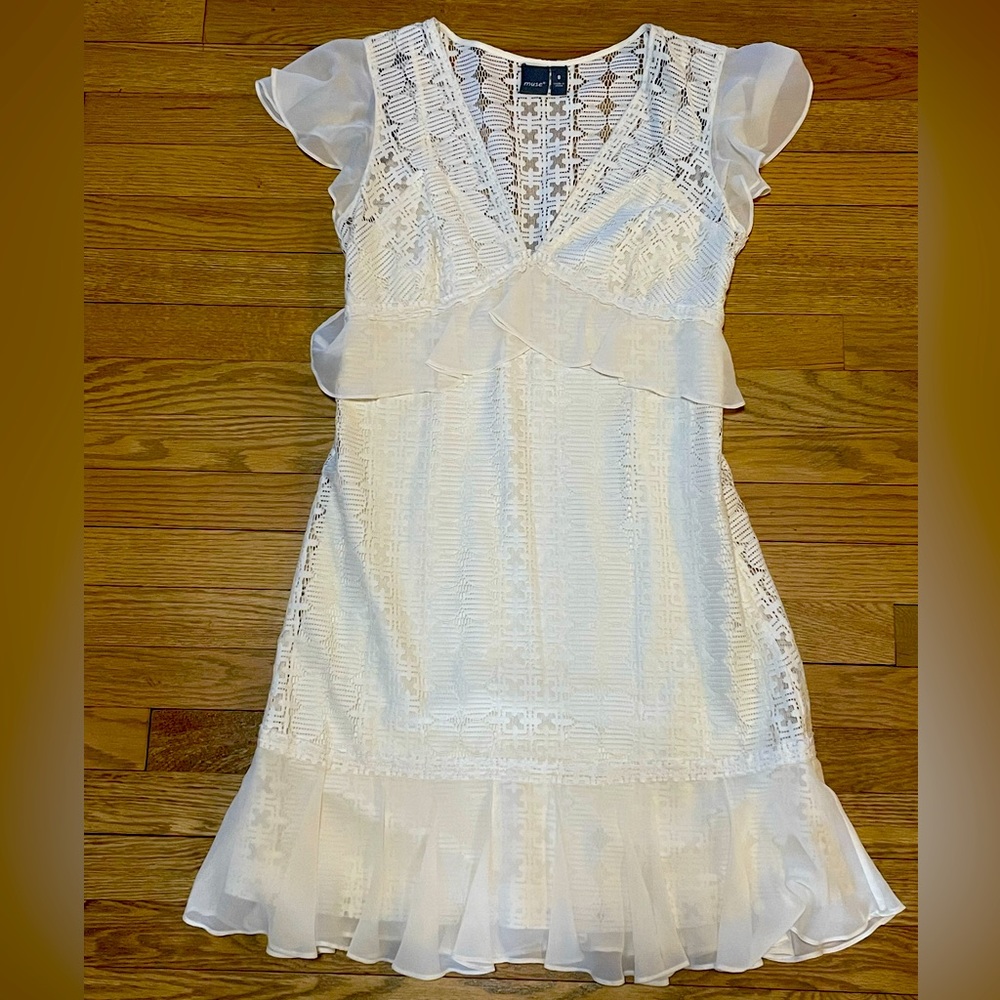 MUSE Ivory Peek A Boo Lace V- neckline Ruffle Short Party Mini Dress
